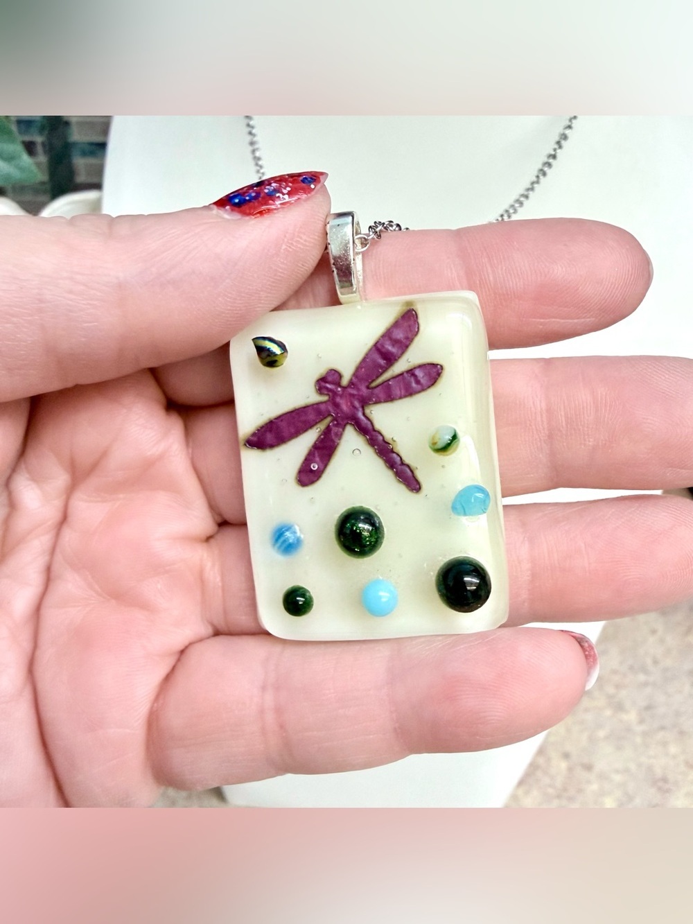 Handmade fused glass dragonfly pendant